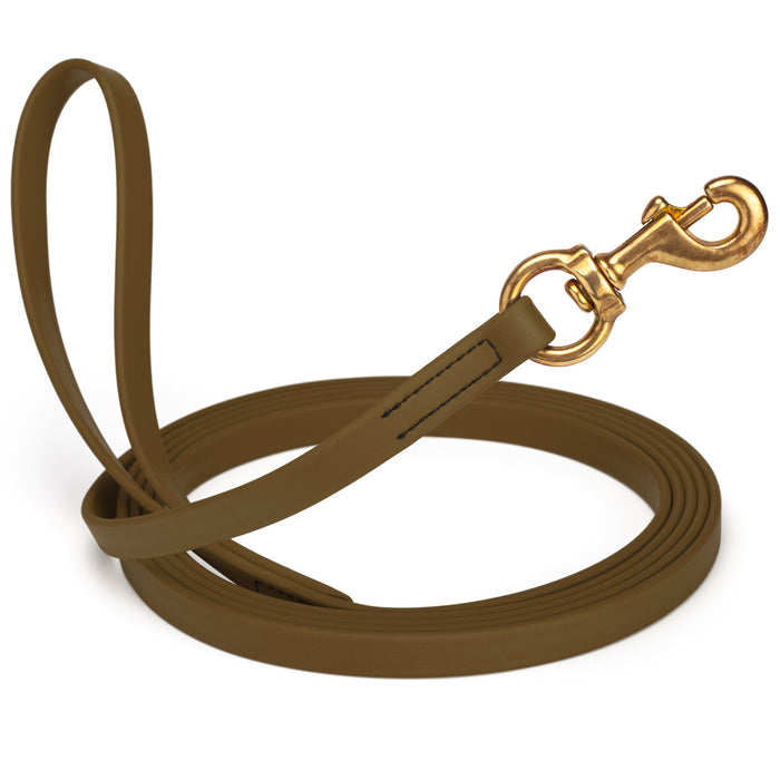 Coyote Brown dog leash with brass snap hook, made from waterproof and smell proof Biothane, 5/8 inches wide, 33 ft