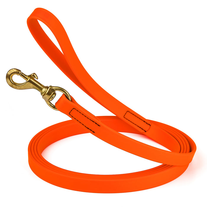 Hunter Orange dog leash with brass snap hook, made from waterproof and smell proof Biothane, 3/4 inches wide, 10 ft