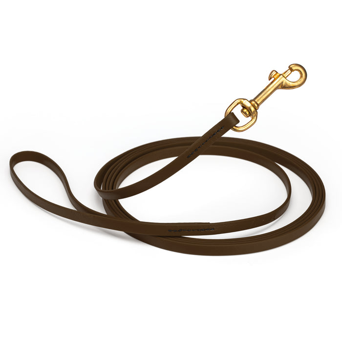 Dark Chocolate Brown dog leash with brass snap hook, made from waterproof and smell proof Biothane, 3/8 inches wide, 15 ft