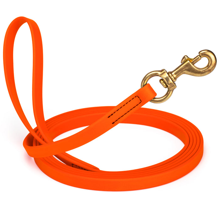 Hunter Orange dog leash with brass snap hook, made from waterproof and smell proof Biothane, 5/8 inches wide, 33 ft