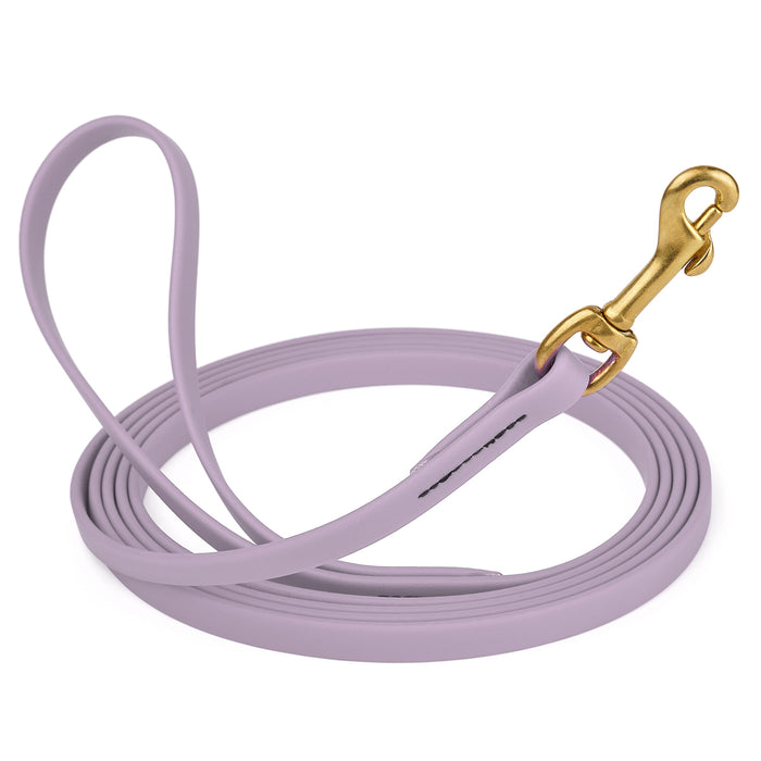 Pastel Purple dog leash with brass snap hook, made from waterproof and smell proof Biothane, 1/2 inches wide, 33 ft