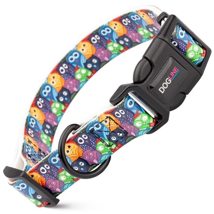 Printed design biothane dog collar with quick release buckle, Owl pattern