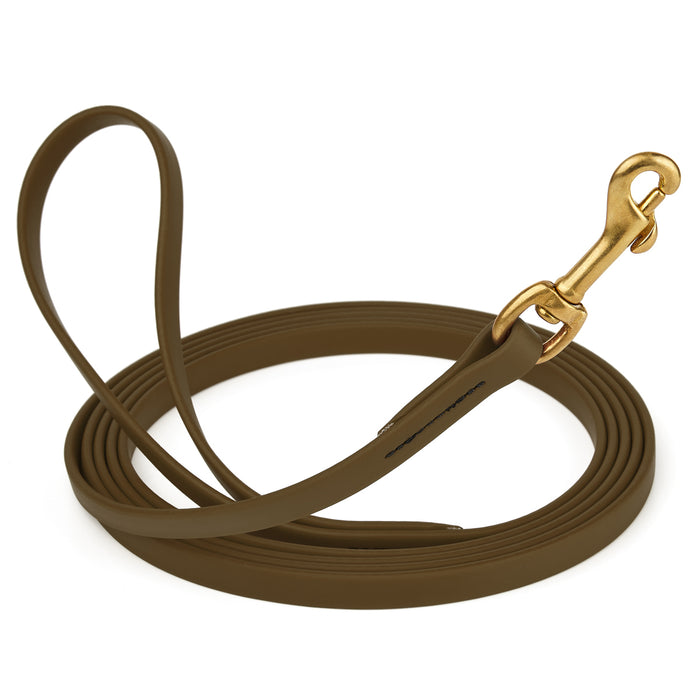 Coyote Brown dog leash with brass snap hook, made from waterproof and smell proof Biothane, 1/2 inches wide, 20 ft