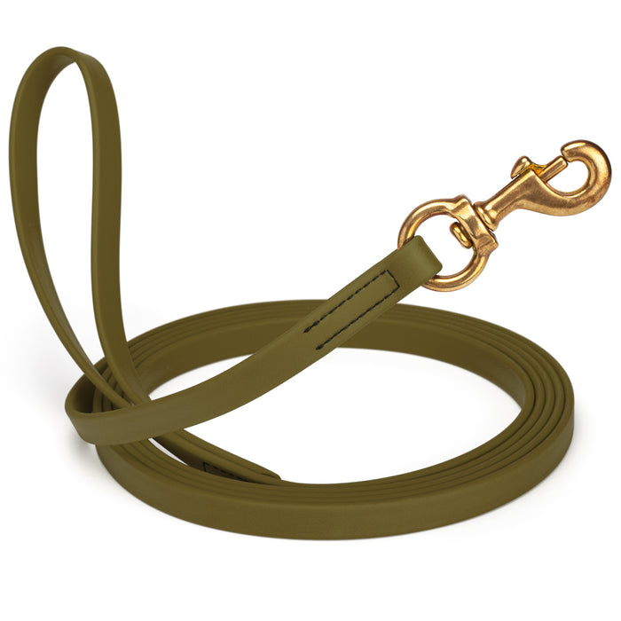 Olive Drab Green dog leash with brass snap hook, made from waterproof and smell proof Biothane, 5/8 inches wide, 10 ft
