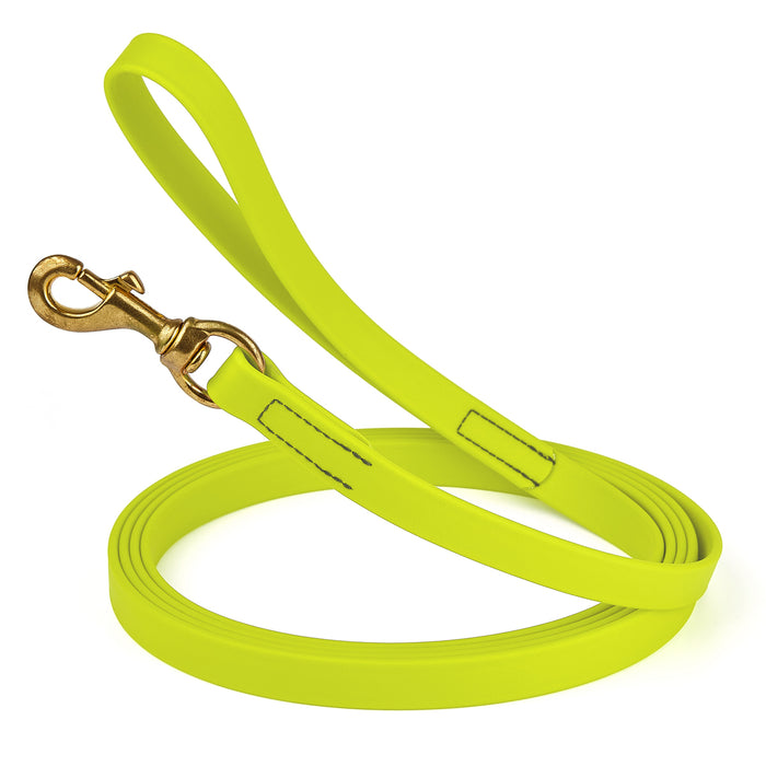 Safety Yellow dog leash with brass snap hook, made from waterproof and smell proof Biothane, 3/4 inches wide, 20 ft