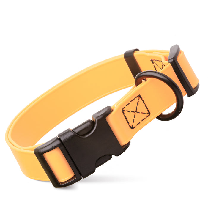 Tangerine Orange dog collar with quick release buckle, made from waterproof Biothane, 3/4- or 1-inch wide