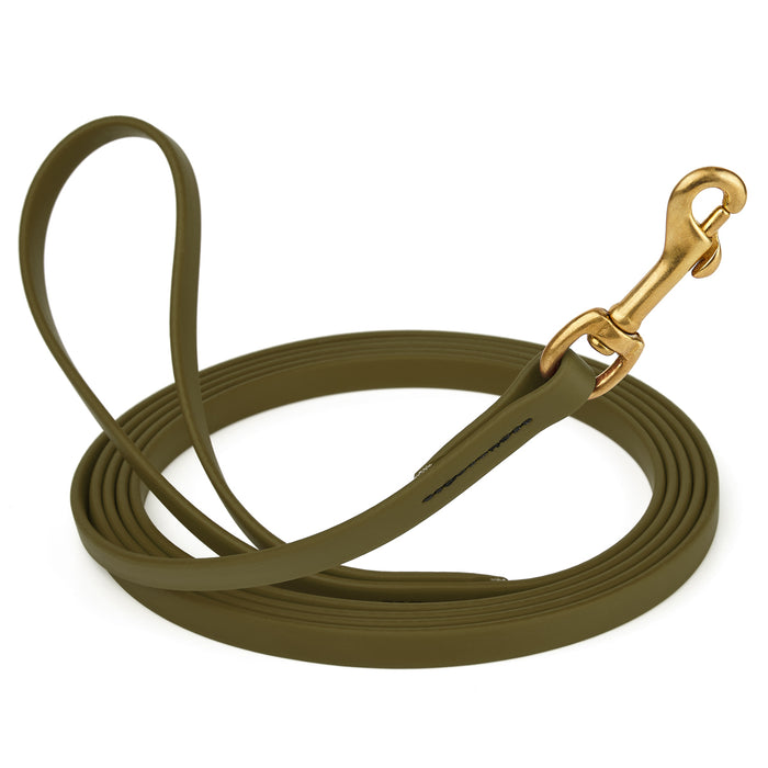 Olive Drab Green dog leash with brass snap hook, made from waterproof and smell proof Biothane, 1/2 inches wide, 33 ft