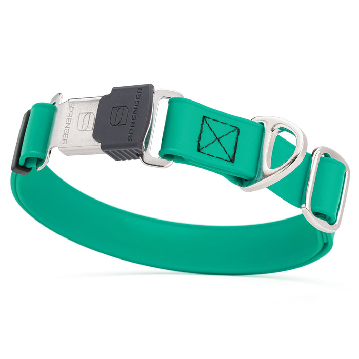 Teal dog collar with stainless steel Herm Sprenger quick release buckle, made from waterproof Biothane