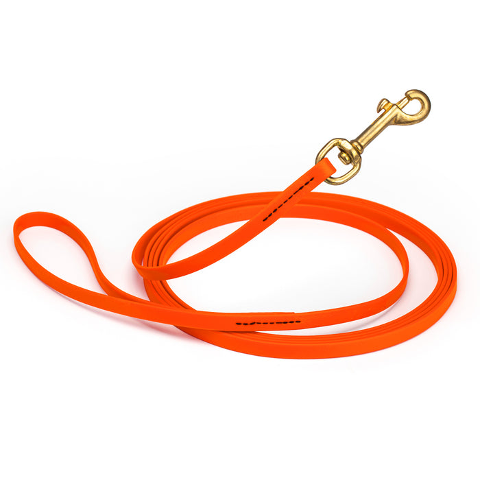 Hunter Orange dog leash with brass snap hook, made from waterproof and smell proof Biothane, 3/8 inches wide, 10 ft