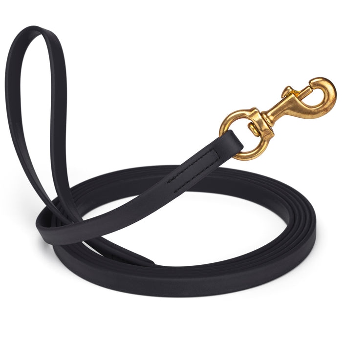 Black dog leash with brass snap hook, made from waterproof and smell proof Biothane, 5/8 inches wide, 20 ft