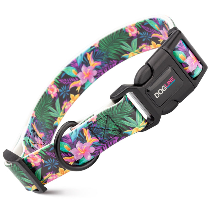 Printed design biothane dog collar with quick release buckle, Wonderland Flowers pattern