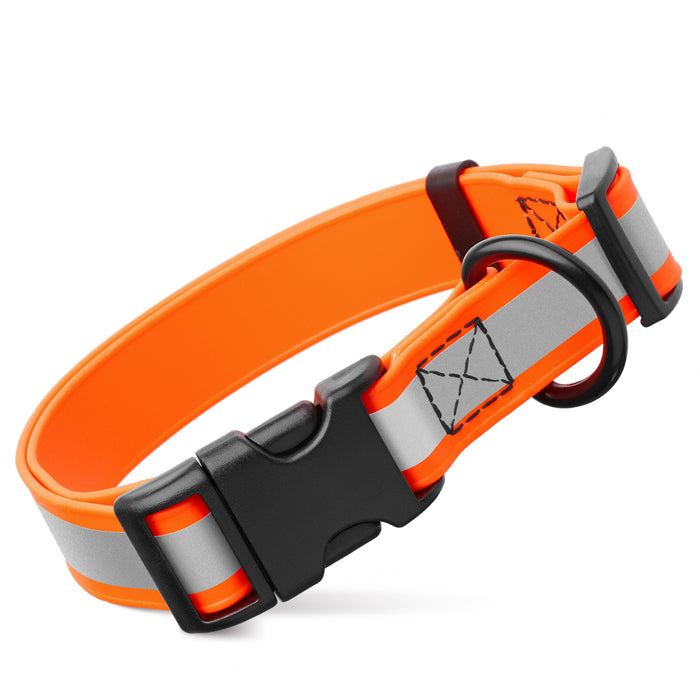 Orange reflective dog collar with quick release buckle and wide reflective strip, made from waterproof Biothane, 1-inch wide