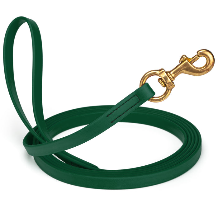 Hunter Green dog leash with brass snap hook, made from waterproof and smell proof Biothane, 5/8 inches wide, 15 ft