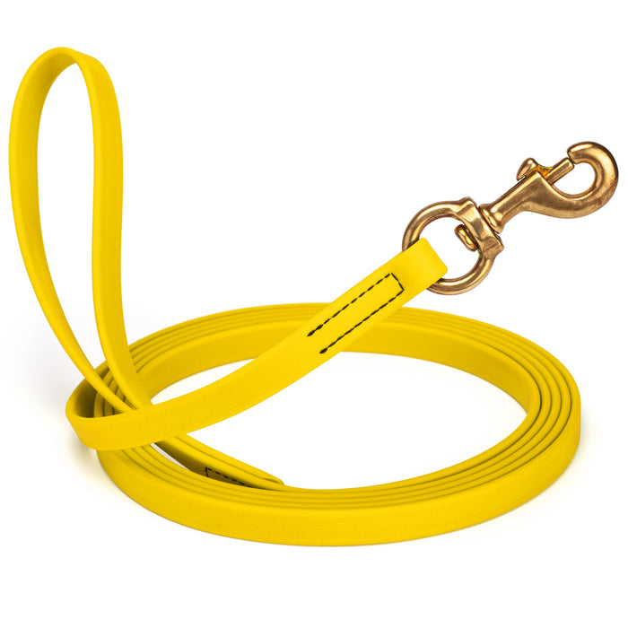 Lemon Yellow dog leash with brass snap hook, made from waterproof and smell proof Biothane, 5/8 inches wide, 20 ft