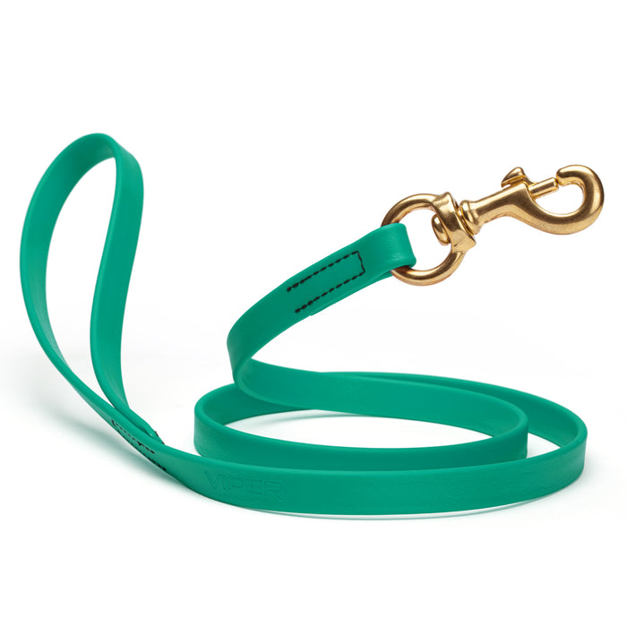 Teal dog leash with brass snap hook, made from waterproof Biothane, 5/8 or 3/4 inches wide