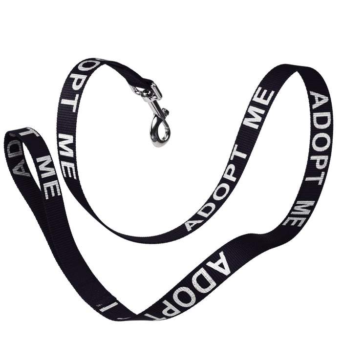 Black nylon dog leash with Adopt Me reflective lettering