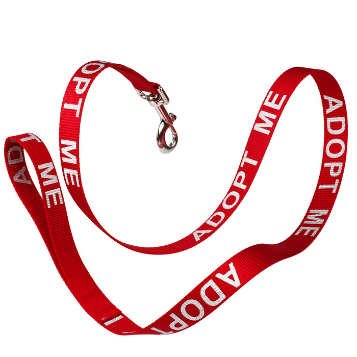 Red nylon dog leash with Adopt Me reflective lettering