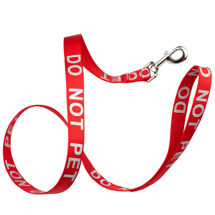 Red nylon dog leash with Do Not Pet reflective lettering
