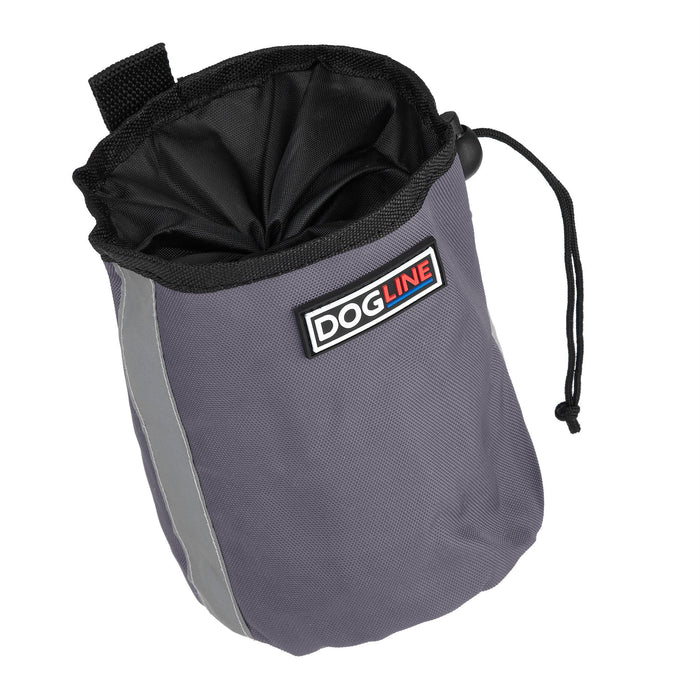 Gray dog treat pouch with built-in waste bag dispenser, reflective strip and belt clip