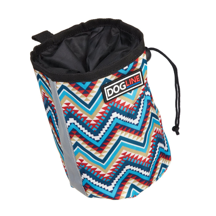 Aztec pattern dog treat pouch with built-in waste bag dispenser, reflective strip and belt clip