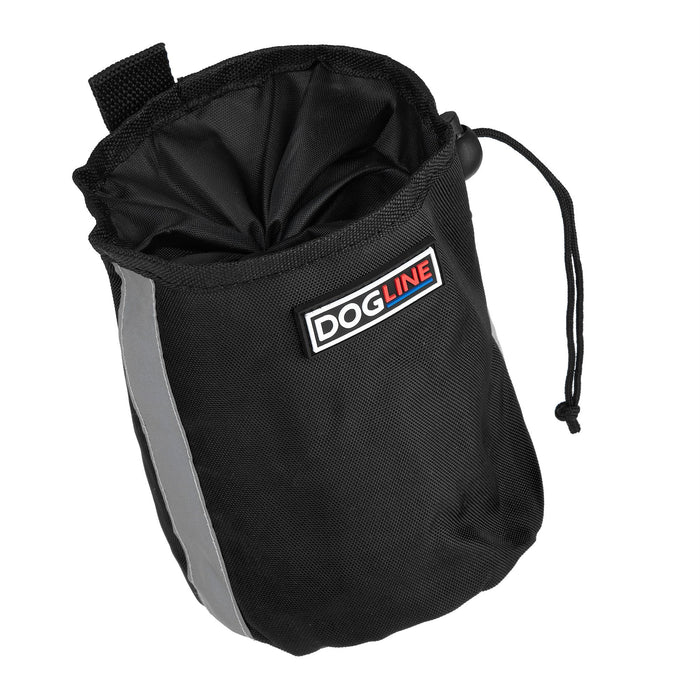 Black dog treat pouch with built-in waste bag dispenser, reflective strip and belt clip