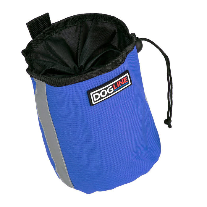 Blue dog treat pouch with built-in waste bag dispenser, reflective strip and belt clip