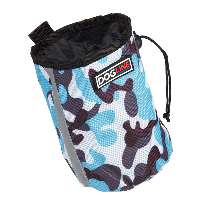 Blue camo dog treat pouch with built-in waste bag dispenser, reflective strip and belt clip