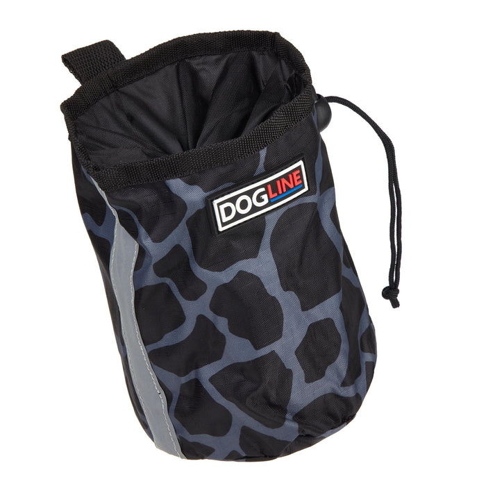 Giraffe gray dog treat pouch with built-in waste bag dispenser, reflective strip and belt clip