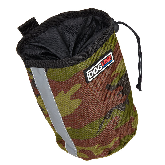 Green camo dog treat pouch with built-in waste bag dispenser, reflective strip and belt clip