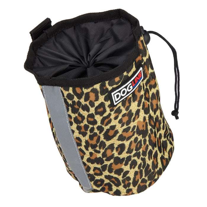 Leopard brown dog treat pouch with built-in waste bag dispenser, reflective strip and belt clip