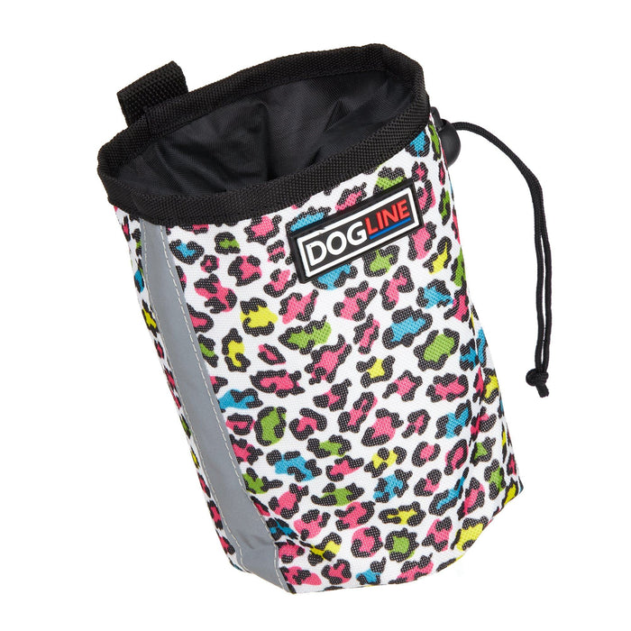 Leopard rainbow dog treat pouch with built-in waste bag dispenser, reflective strip and belt clip