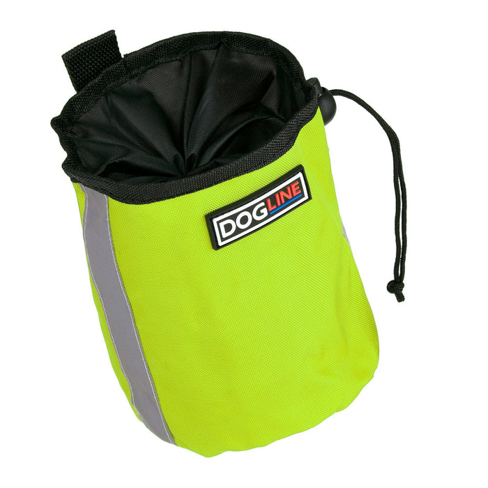 Lime green dog treat pouch with built-in waste bag dispenser, reflective strip and belt clip