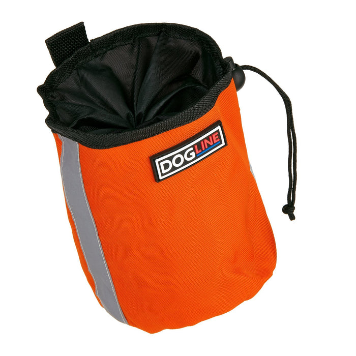 Orange dog treat pouch with built-in waste bag dispenser, reflective strip and belt clip