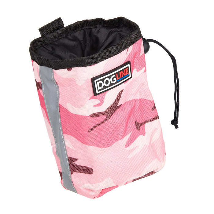 Pink camo dog treat pouch with built-in waste bag dispenser, reflective strip and belt clip