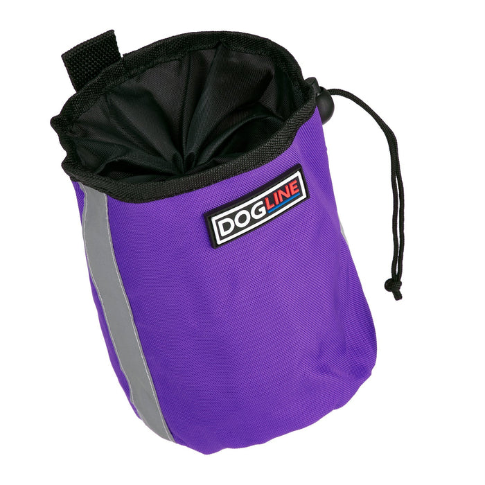 Purple dog treat pouch with built-in waste bag dispenser, reflective strip and belt clip
