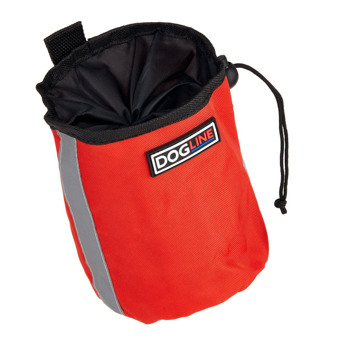 Red dog treat pouch with built-in waste bag dispenser, reflective strip and belt clip