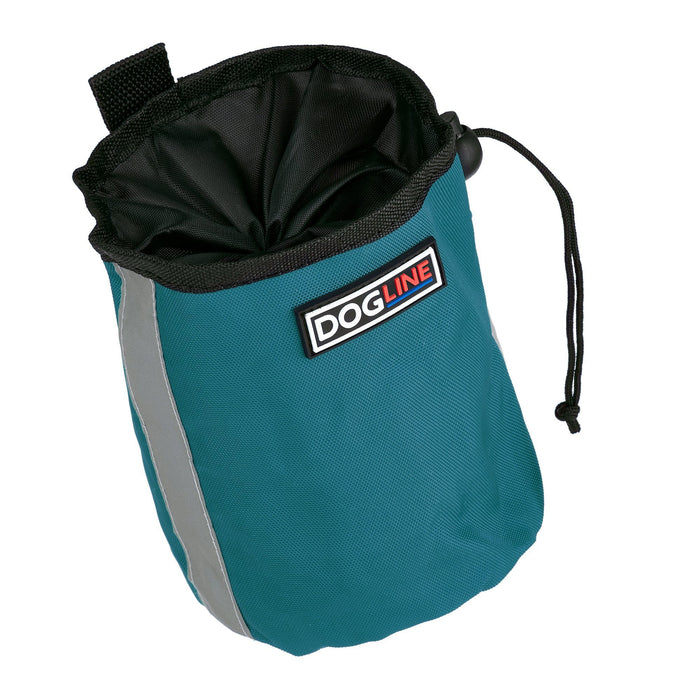 Teal dog treat pouch with built-in waste bag dispenser, reflective strip and belt clip