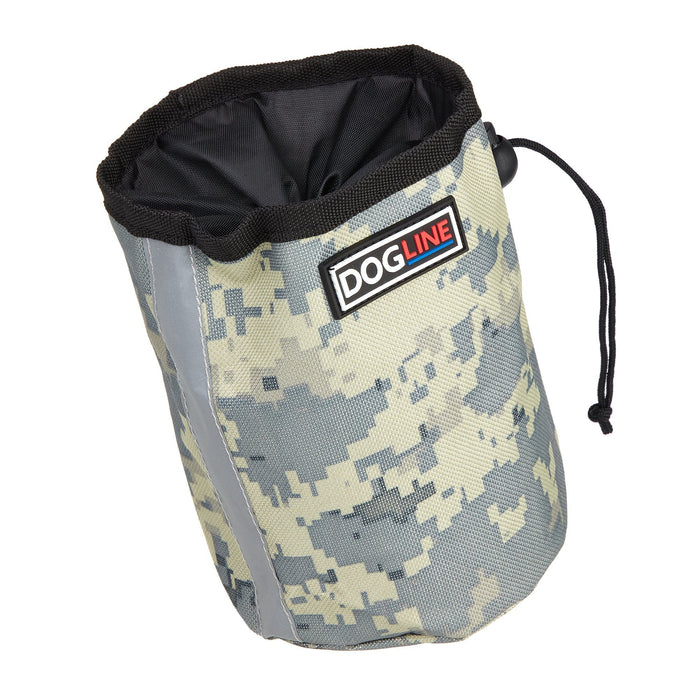 Urban camo dog treat pouch with built-in waste bag dispenser, reflective strip and belt clip