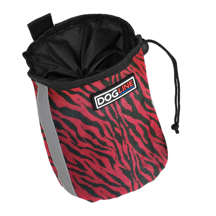 Zebra black and red dog treat pouch with built-in waste bag dispenser, reflective strip and belt clip