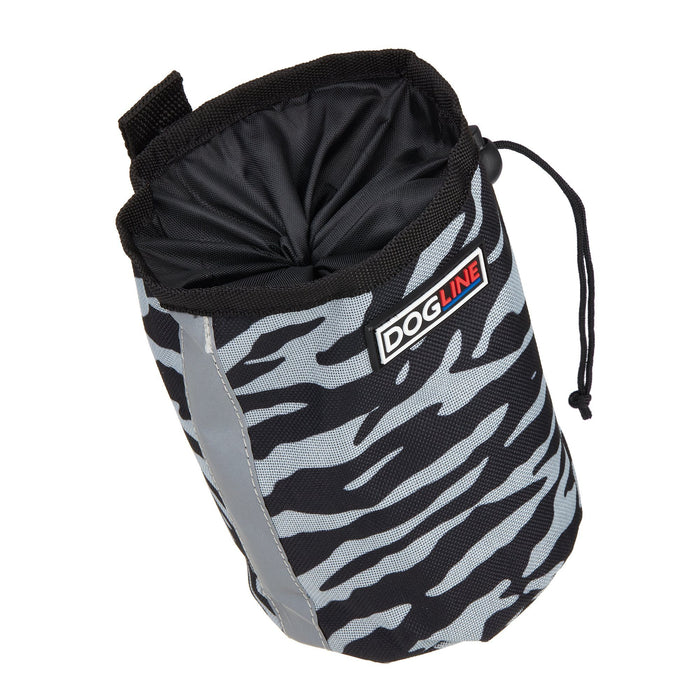 Zebra black and white dog treat pouch with built-in waste bag dispenser, reflective strip and belt clip
