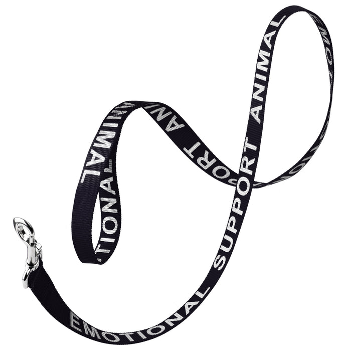 Black nylon dog leash with Emotional Support Animal reflective lettering