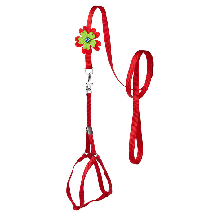 Red nylon step-in dog harness + nylon dog leash set, and optional flower decoration