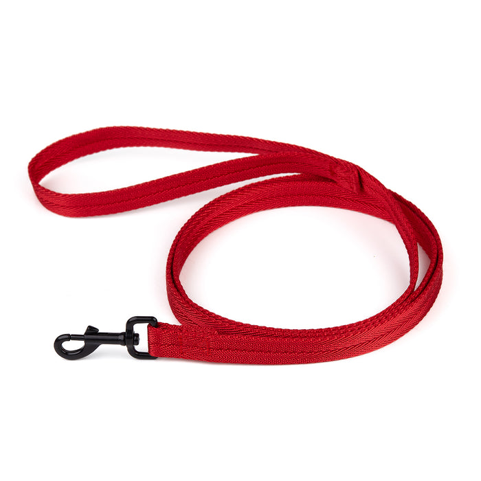 Red nylon dog leash with black snap hook
