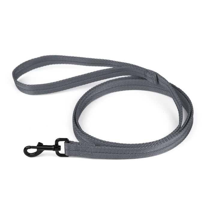 Gray nylon dog leash with black snap hook