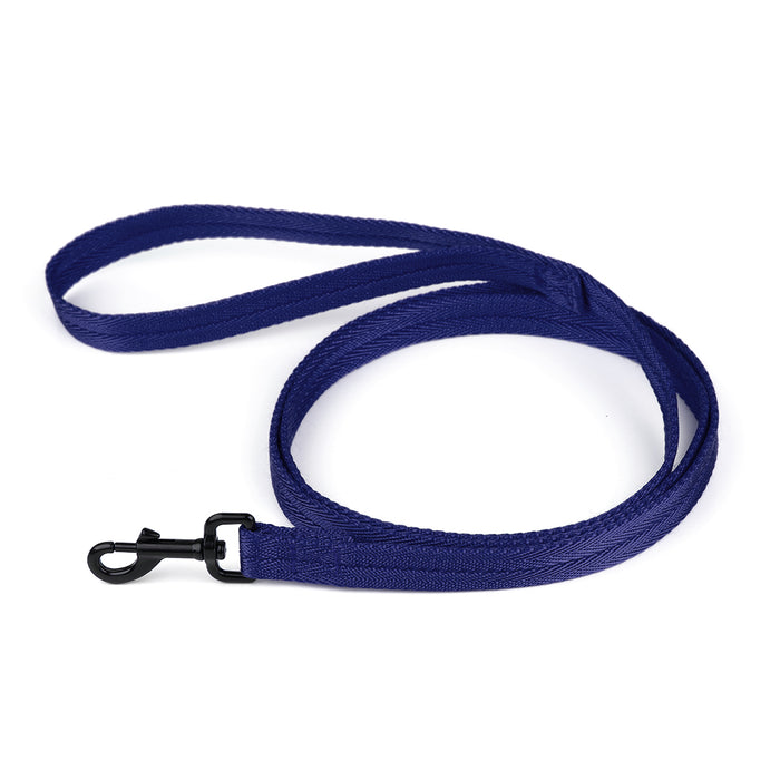 Navy blue nylon dog leash with black snap hook