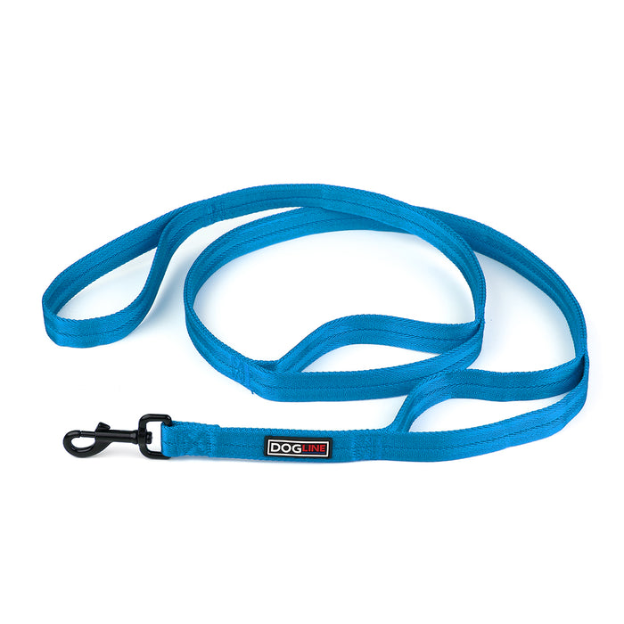 Blue nylon multi-handle dog leash with black snap hook, three handles