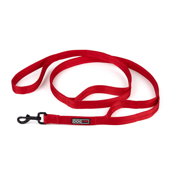 Red nylon multi-handle dog leash with black snap hook, three handles