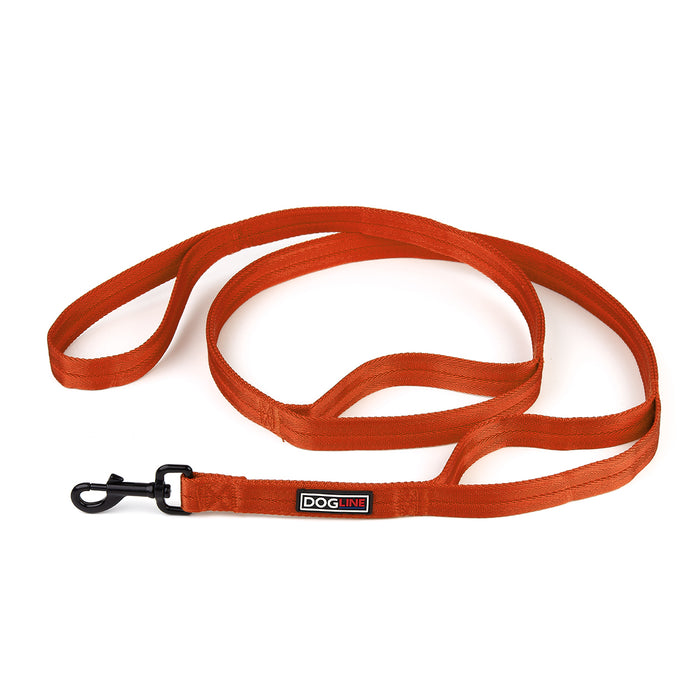 Orange nylon multi-handle dog leash with black snap hook, three handles