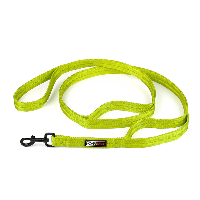 Lime green nylon multi-handle dog leash with black snap hook, three handles