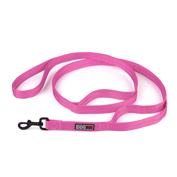 Pink nylon multi-handle dog leash with black snap hook, three handles